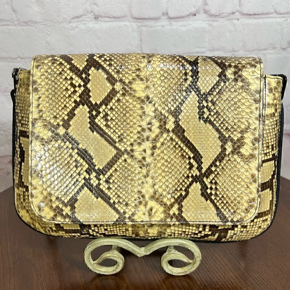 STUART WEITZMAN PYTHON SNAKESKIN & linen shoulder bag gunmetal chain strap - Picture 3 of 12